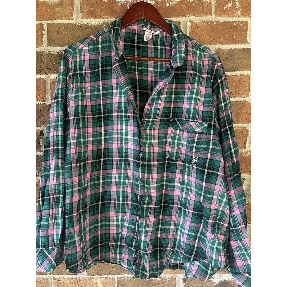 Victoria's Secret Green & Pink Plaid Pajama Set Size XL LONG Women's